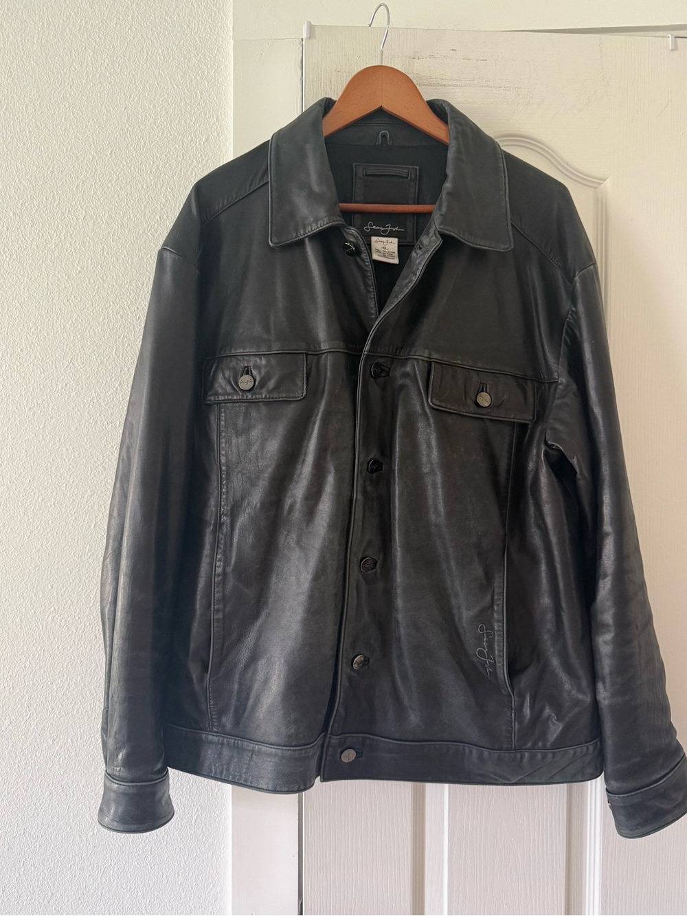 Sean John Men’s XL Genuine Leather Jacket Black Y2K Hip Hop Trucker